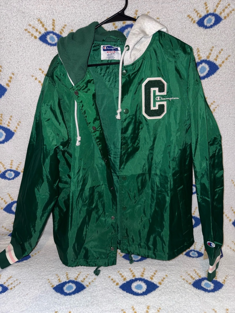 Champion Green Windbreaker Jacket with White and Pink Cuff Detail